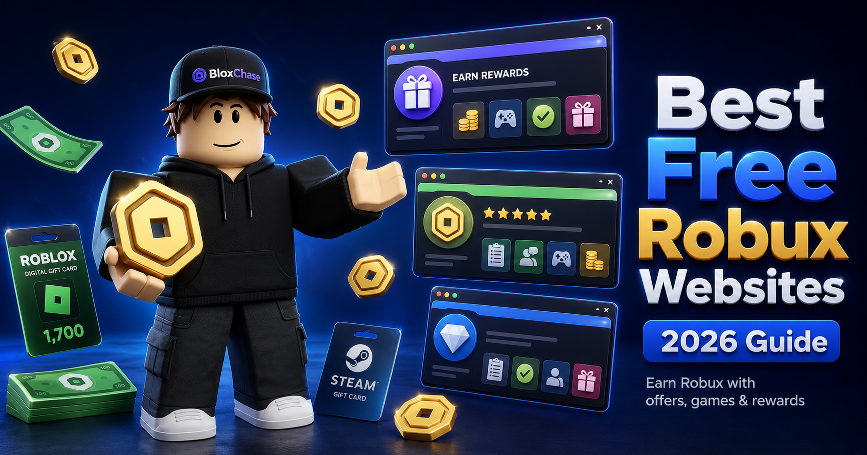 BloxChase Roblox-style character with Robux rewards for the best free Robux website guide in 2026