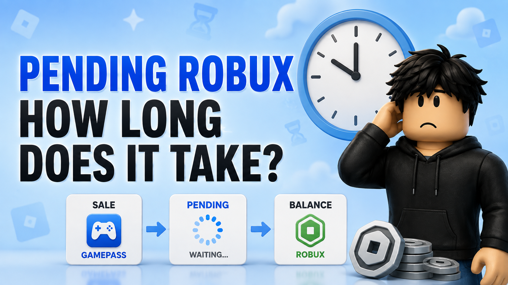 How long Pending Robux takes after a Roblox gamepass sale with transaction history and waiting clock
