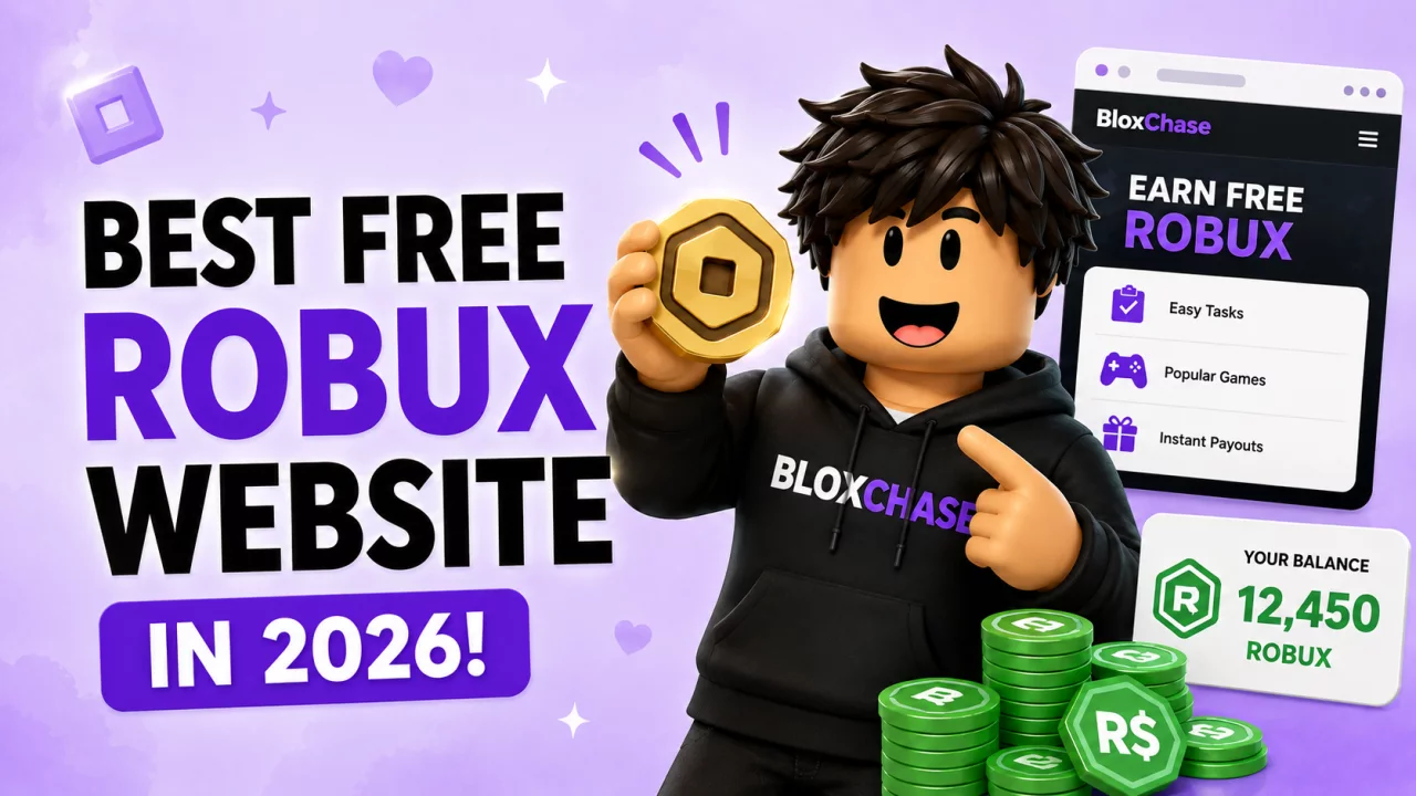 BloxChase Roblox-style character with Robux rewards for the best free Robux website guide in 2026