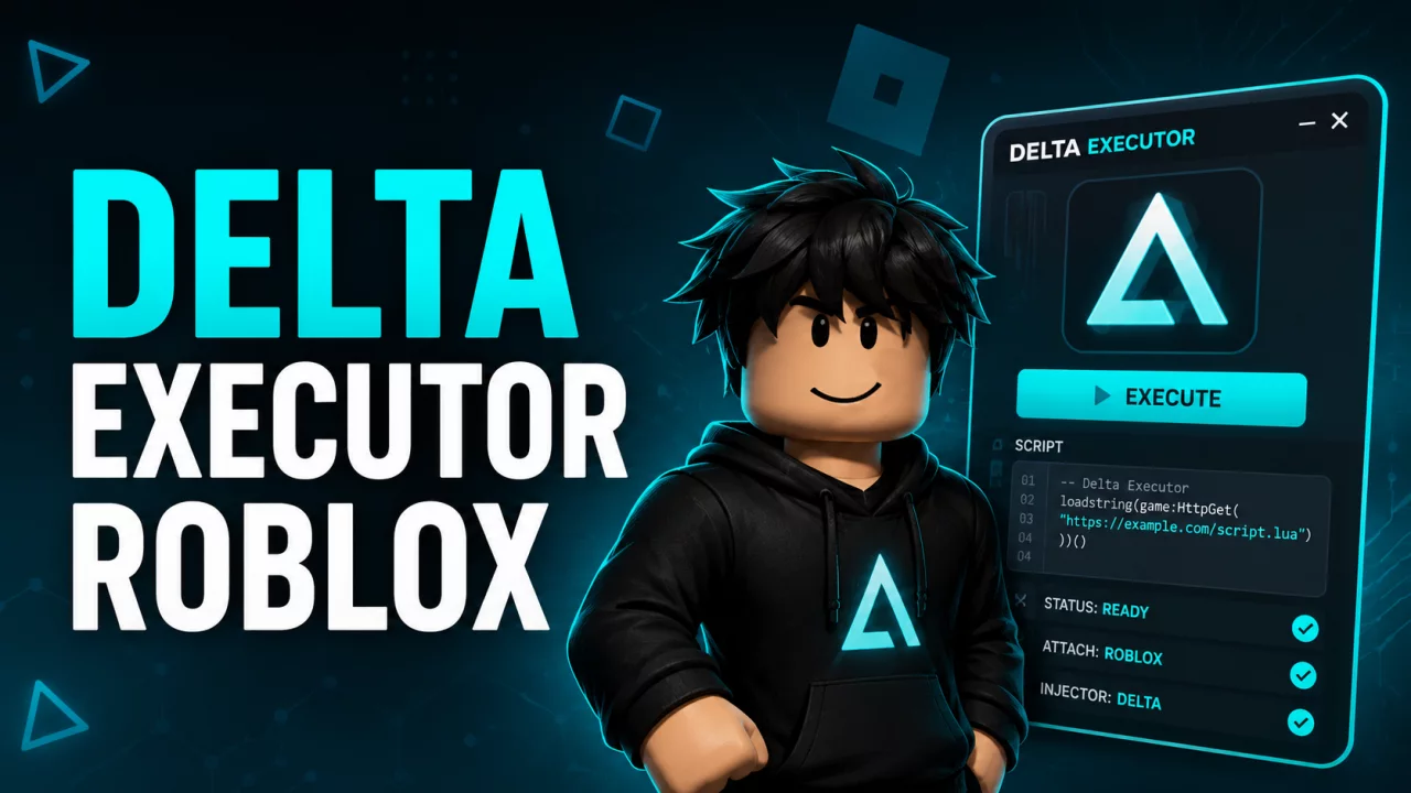 Delta Executor Roblox 2026 guide with Roblox executor and Robux rewards graphics