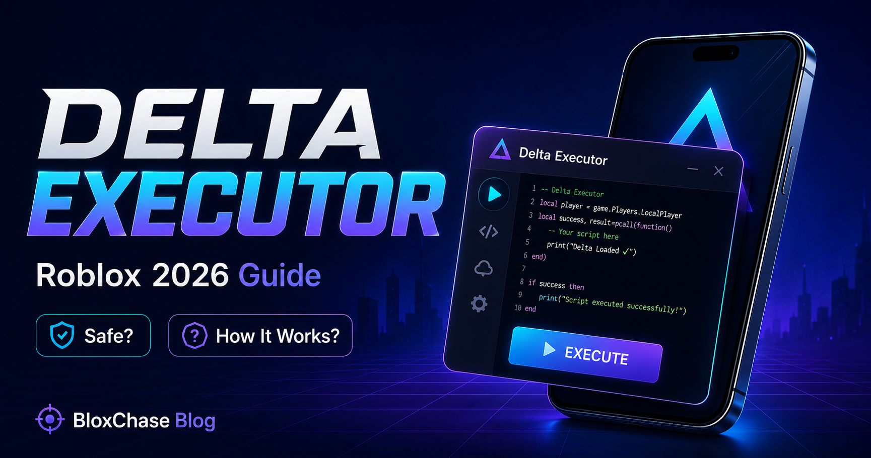 Delta Executor Roblox 2026 guide with Roblox executor and Robux rewards graphics
