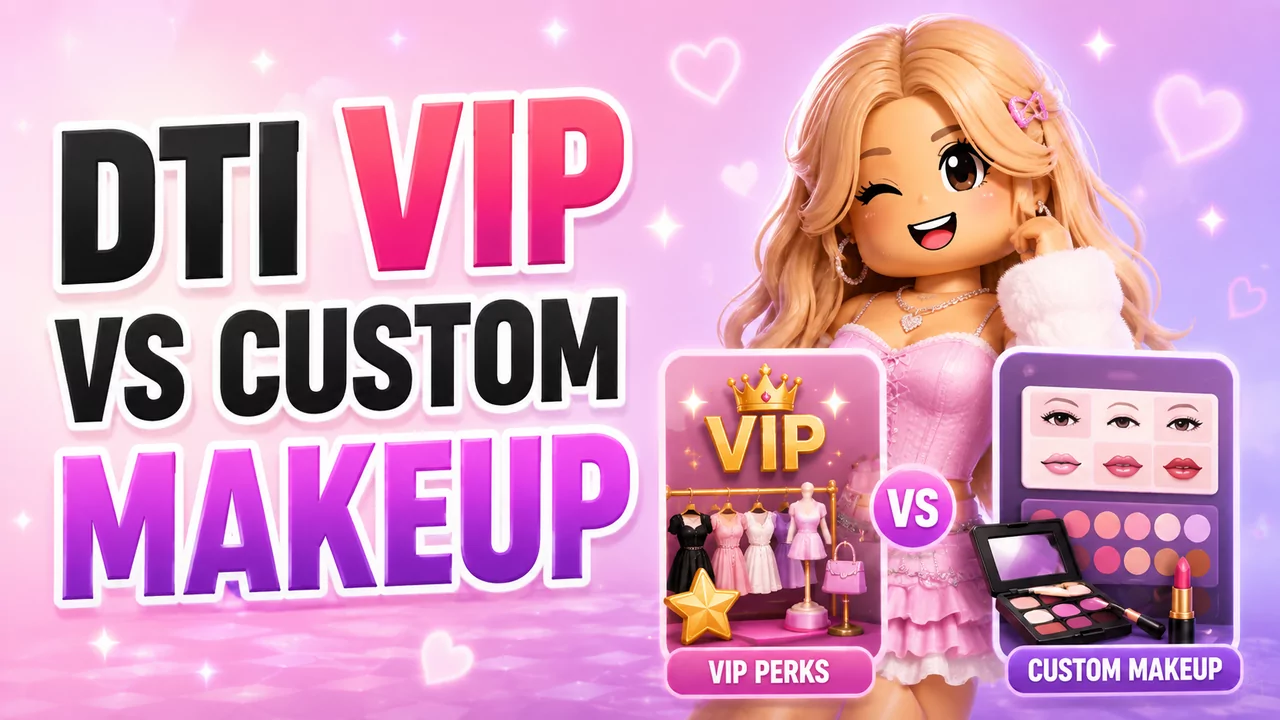 DTI VIP vs Custom Makeup comparison in Dress to Impress showing wardrobe and face customization options